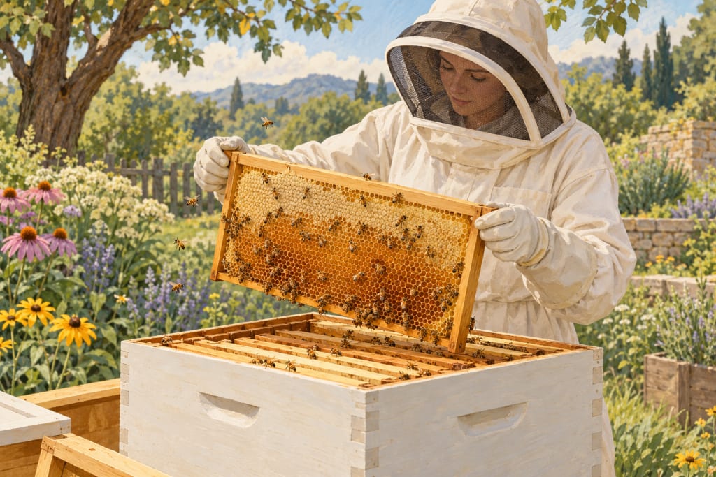 Illustration of a beekeeper in a protective suit and veil holding a frame above an open hive.