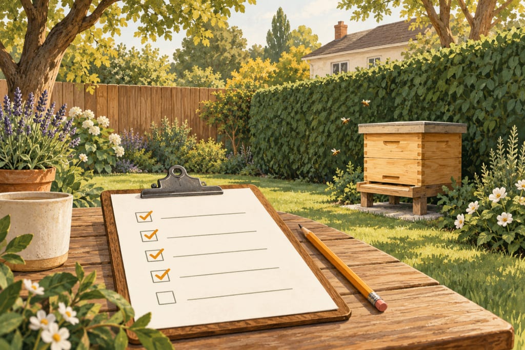 Illustration of a garden hive beside a hedge, with a planning checklist in the foreground.