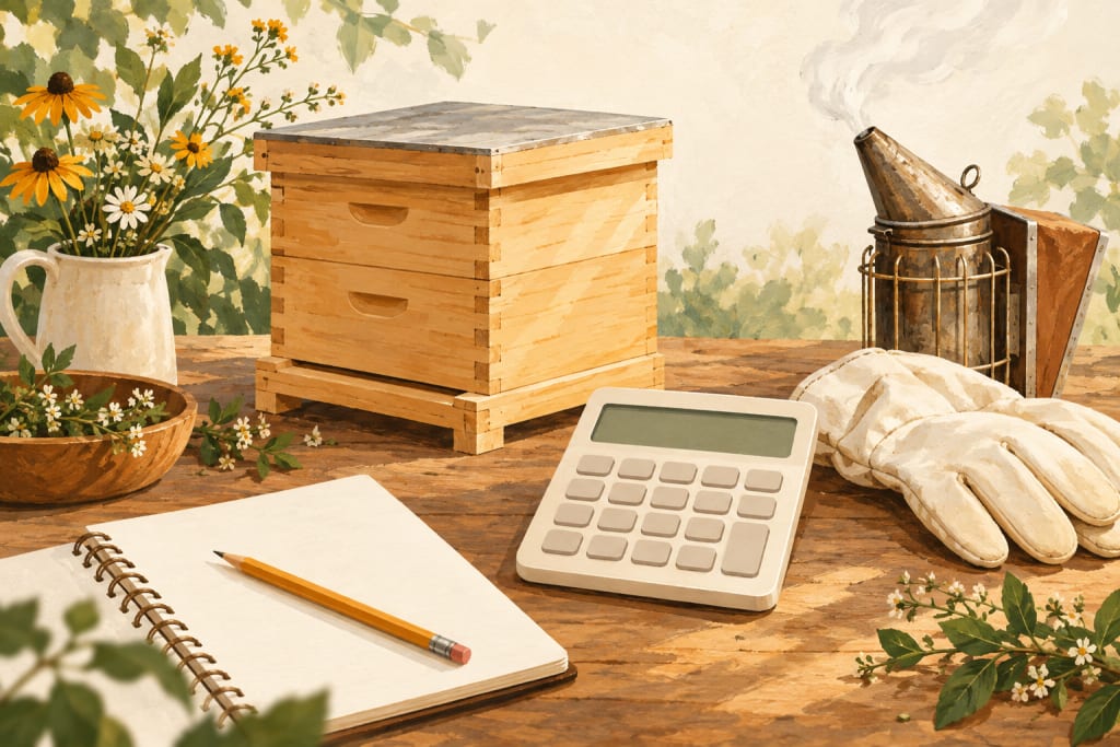 Illustration of a calculator, hive model, notebook and protective gloves on a desk.