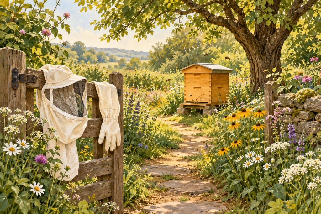 Illustration of a garden path leading to a hive, with a protective veil and gloves on a gate.